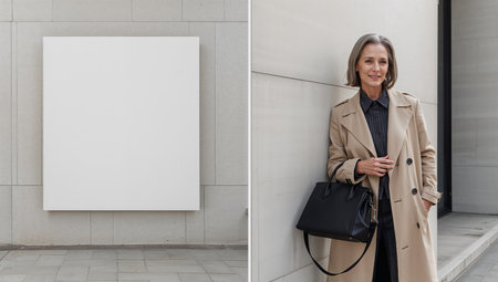 A confident woman stands beside a large blank canvas in a modern urban area, wearing a chic coat. The setting features sleek architectural designs and a bright ambiance.の素材