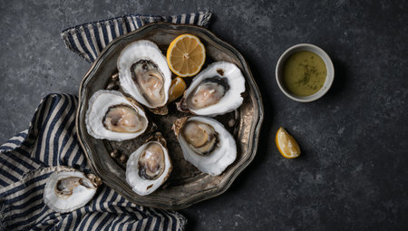 A silver platter displays freshly opened oysters with lemon slices and a small bowl of dipping sauce. The setting suggests a gourmet seafood dining experience.の素材