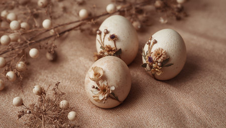 Three elegantly designed eggs sit on a soft brown fabric, adorned with delicate dried flowers and complemented by scattered greenery nearby, creating a serene spring aesthetic.の素材