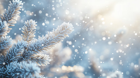 Snow-dusted pine branches glisten in the sunlight, creating a serene winter atmosphere. Soft bokeh lights add a dreamy effect to the cold scene.の素材