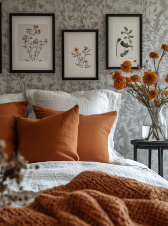 A cozy bedroom features a bed dressed in white lines with an orange throw blanket. The walls are adorned with floral art, and a vase of bright orange flowers adds warmth.の素材