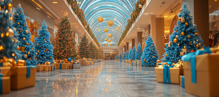 Colorful blue Christmas trees line the hallway of a shopping mall, adorned with golden ornaments and surrounded by gift boxes. The scene is bustling with holiday spirit.の素材