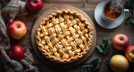 A golden apple pie sits on a wooden board surrounded by red apples and colorful autumn leaves. A cup of tea rests nearby, adding to the cozy fall atmosphere.の素材