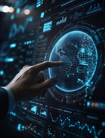 A hand reaches out to interact with a glowing digital globe showing data charts and analytics. This scene captures a moment of technological exploration and data analysis.の素材