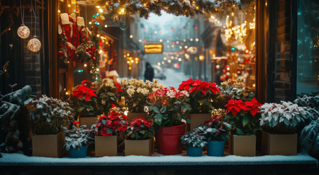 Bright red and white flowers are displayed in a shop window decorated with lights and ornaments, set against a snowy street scene during the holiday season.の素材