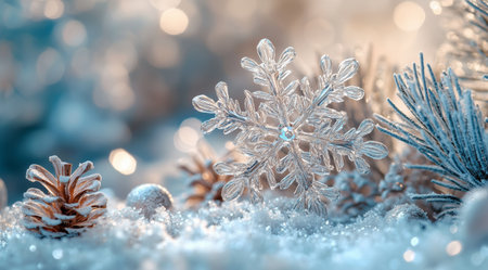 A delicate snowflake sits atop soft, white snow covering pine branches. The scene evokes the beauty of winter, with a blurred background enhancing the tranquil atmosphere.の素材