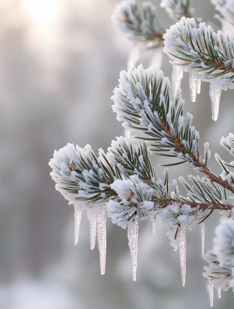 Snow covers the green pine branches as delicate flakes fall softly in a tranquil forest setting. The scene captures a peaceful winter atmosphere with glistening snow.の素材