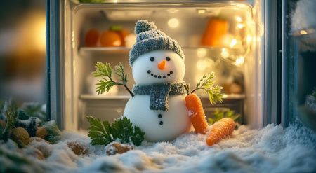 A cheerful snowman crafted from snow sits inside a refrigerator, adorned with a warm hat and scarf. Carrots and greens surround it, creating a playful winter scene.の素材