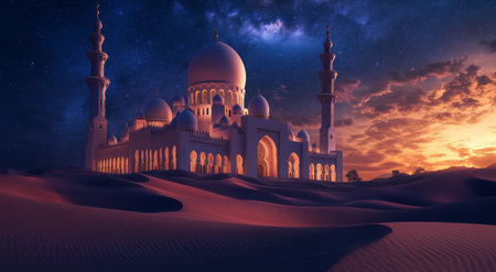 A beautiful mosque with glowing minarets and a large dome stands in a tranquil desert, surrounded by soft sand dunes under a stunning starry night sky.の素材