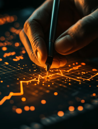A hand holds a pen, sketching an orange financial graph on a dark surface. Bright dots enhance the visual representation of data trends in a focused moment.の素材