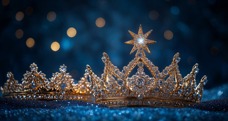 Two stunning crowns adorned with diamonds and a star shine brightly against a dark backdrop filled with soft lights, creating a royal atmosphere perfect for celebration.の素材