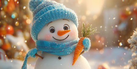 A cheerful snowman stands in a snowy landscape, wearing a blue hat and scarf. It holds a bright orange carrot, adding to the festive atmosphere as snowflakes gently fall.の素材