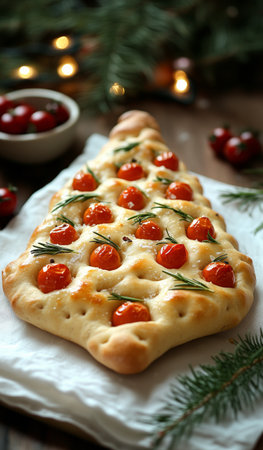 Festively shaped bread resembling a Christmas tree is topped with juicy tomatoes and fresh rosemary. This delightful dish is perfect for holiday gatherings and celebrations.の素材