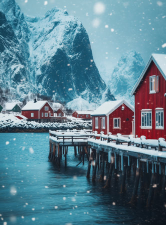 A red cabin sits on a wooden pier above calm water, surrounded by snow-covered mountains. Snowflakes gently fall, creating a serene winter scene.の素材