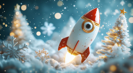 A colorful rocket takes off amidst a snowy landscape filled with frosty trees and twinkling lights. The scene captures a festive atmosphere with a hint of exploration.の素材