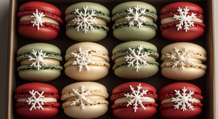 Colorful macarons arranged in a festive box feature red, green, and cream colors with delicate snowflake details.の素材