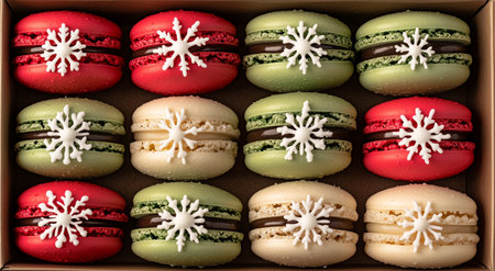 Colorful macarons arranged in a festive box feature red, green, and cream colors with delicate snowflake details.の素材