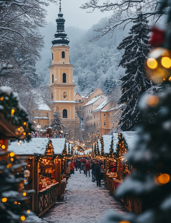 Visitors stroll through a winter market lined with wooden stalls, festive lights shining brightly, surrounded by snow-covered trees and a historic tower in the background.の素材
