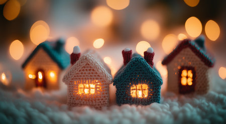Knitted houses are arranged together, glowing warmly with lights, creating a festive atmosphere for winter. Soft textures and warm colors contribute to a cozy holiday vibe.の素材
