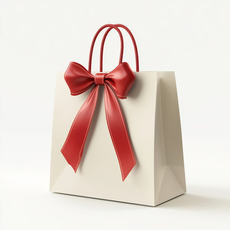 A stylish cream gift bag adorned with a shiny red bow sits against a simple background, perfect for presenting thoughtful gifts during festivities.の素材