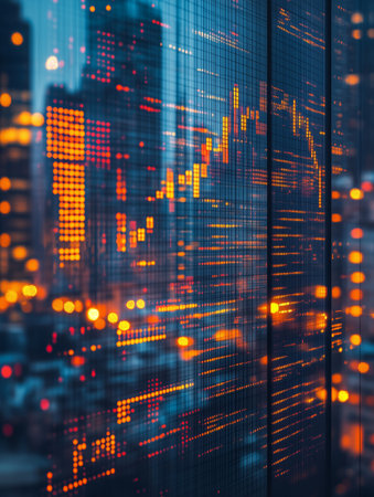 Bright lights of a city skyline blend with digital stock market graphics. This scene captures the intersection of finance and urban life during nighttime.の素材