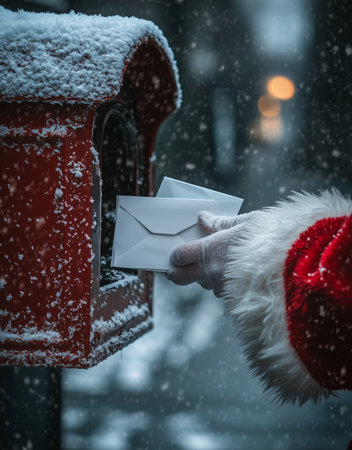 A hand in a white glove, dressed in a red coat, places a letter into a wooden mailbox covered in snow in a serene forest setting during winter.の素材