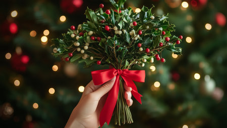 A hand holds a bundle of mistletoe adorned with red berries and a red ribbon. The blurred background features twinkling lights and holiday ornaments, creating a warm festive atmosphere.の素材