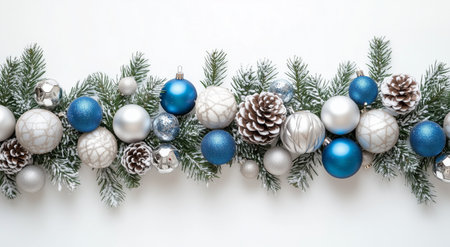 Bright blue and silver ornaments are arranged with pinecones and evergreen branches, creating a festive winter display ideal for holiday celebrations and seasonal decor.の素材