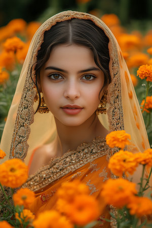 A young woman with long hair and a serene expression wears an orange scarf, standing amidst blooming marigold flowers in a sunny garden.の素材
