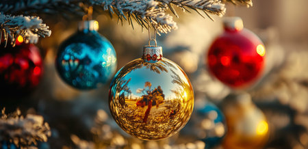 Shiny red, blue, and gold ornaments adorn a frost-covered tree branch, reflecting the warm glow of a winter sunset in the background.の素材