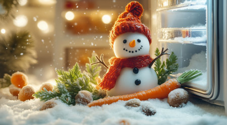 A cheerful snowman crafted from snow sits inside a refrigerator, adorned with a warm hat and scarf. Carrots and greens surround it, creating a playful winter scene.の素材