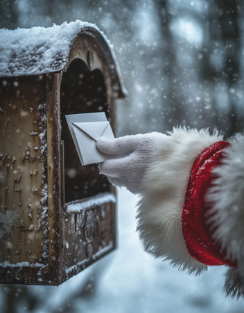 A hand in a white glove, dressed in a red coat, places a letter into a wooden mailbox covered in snow in a serene forest setting during winter.の素材