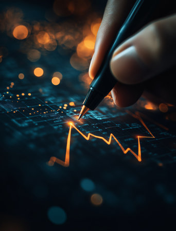 A person holds a pen while examining a glowing financial chart displaying fluctuating trends. The warm sunlight highlights the details of the data, indicating a focused analysis.の素材