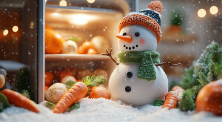 A cheerful snowman is adorned with a warm hat. Surrounded by fresh vegetables and snow, it creates a delightful winter atmosphere, showing seasonal charm and creativity.の素材