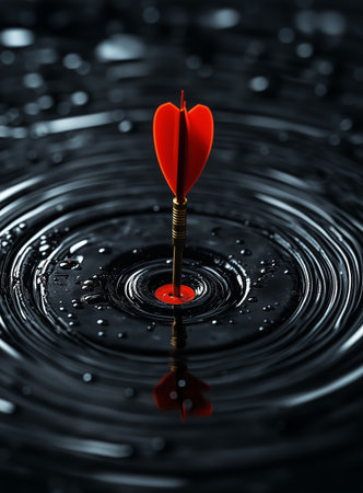 A red dart has pierced the surface of calm water, sending out concentric ripples. This moment captures a blend of precision and tranquility in a dimly lit setting.の素材