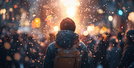 A person stands in the snowfall, gazing at bright street lights in a bustling urban environment during winter evening. The scene captures the magic of city life in cold weather.の素材