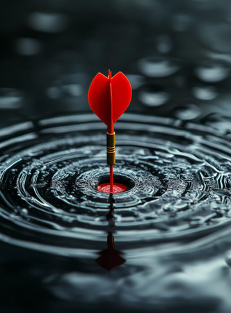 A bright red dart strikes the center of a circle in dark water, causing ripples to spread out. The scene captures a moment of focus and precision.の素材