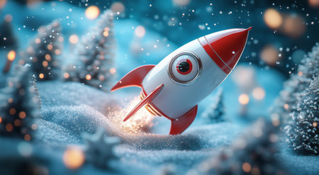 A colorful rocket stands in a snowy landscape decorated with soft white snowflakes and twinkling lights, evoking a festive holiday atmosphere and a sense of wonder.の素材