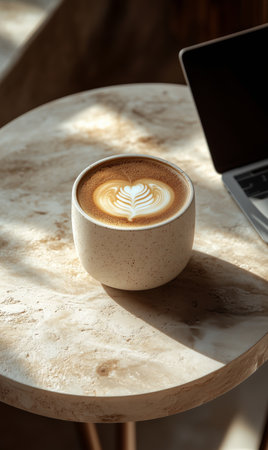 A beautifully crafted latte with intricate foam art sits on a marble table. A laptop is nearby, inviting a relaxed cafe experience during a quiet afternoon.の素材