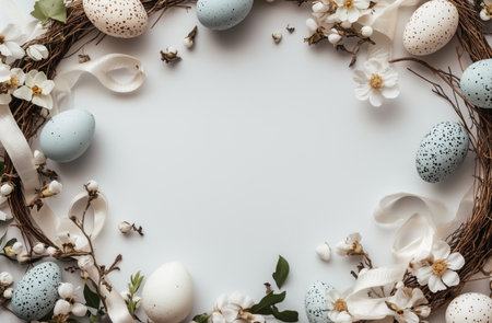 A spring wreath made of twigs features pastel-colored eggs and white blossoms. It is arranged on a light background, creating a fresh and seasonal atmosphere perfect for Easter.の素材