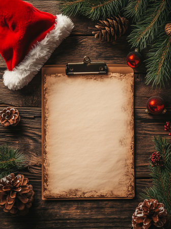 A blank clipboard lies on a rustic wooden table surrounded by pine cones, Christmas ornaments, and a Santa hat, creating a cozy holiday atmosphere.の素材