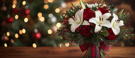 A vibrant bouquet featuring white lilies and red roses rests on a wooden table, illuminated by soft lights from a nearby decorated Christmas tree.の素材