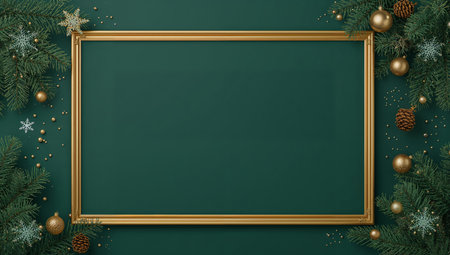 A rich green background is decorated with gold baubles, pine cones, and festive foliage. An empty frame sits center, inviting memories for the holiday celebrations ahead.の素材