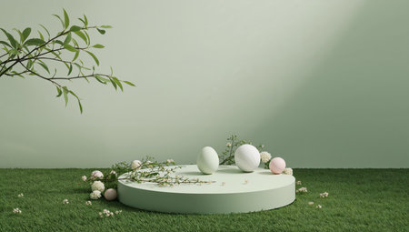 A collection of decorative eggs in soft colors rests on a circular platform surrounded by fresh greenery and delicate flowers. The scene captures a peaceful atmosphere.の素材