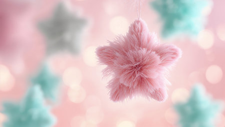 Colorful fluffy stars hang gently in a bright space. The background features warm bokeh lights that enhance the cheerful and inviting mood of the setting.の素材