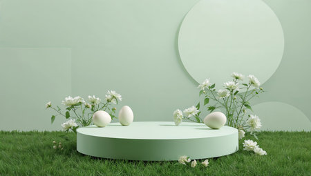 A circular platform in soft green is adorned with white flowers and three white eggs. The peaceful scene features a grassy surface, creating a calm and natural ambiance.の素材