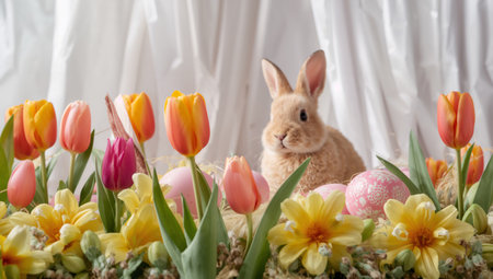 A fluffy bunny rests surrounded by vibrant tulips, daffodils, and beautifully decorated Easter eggs, capturing the essence of spring festivities.の素材