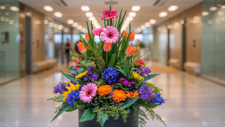 A vibrant flower arrangement featuring tulips, gerbera daisies, and hyacinths decorates a sleek office lobby. Soft lighting enhances the beauty of the blooms as people walk by.の素材