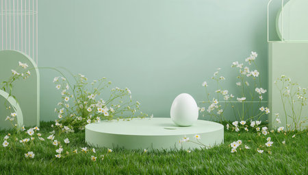 A collection of decorative eggs in soft colors rests on a circular platform surrounded by fresh greenery and delicate flowers. The scene captures a peaceful atmosphere.の素材