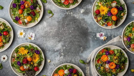 Eight vibrant salad bowls filled with fresh greens, fruits, and edible flowers are displayed on a rustic table. The scene has a cheerful spring vibe, perfect for a healthy gathering.の素材